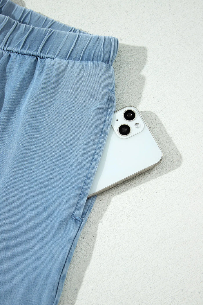 Beau Ruffled Hem Wide Leg Chambray Pants – Blue