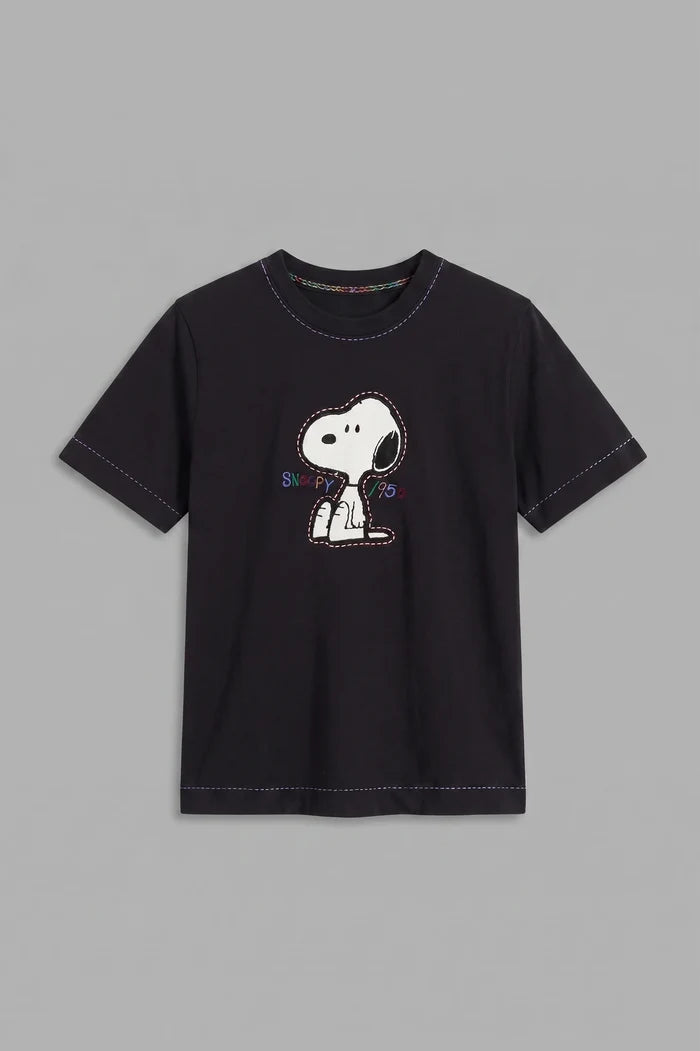 Black Cotton Snoopy Embroidered T-Shirt