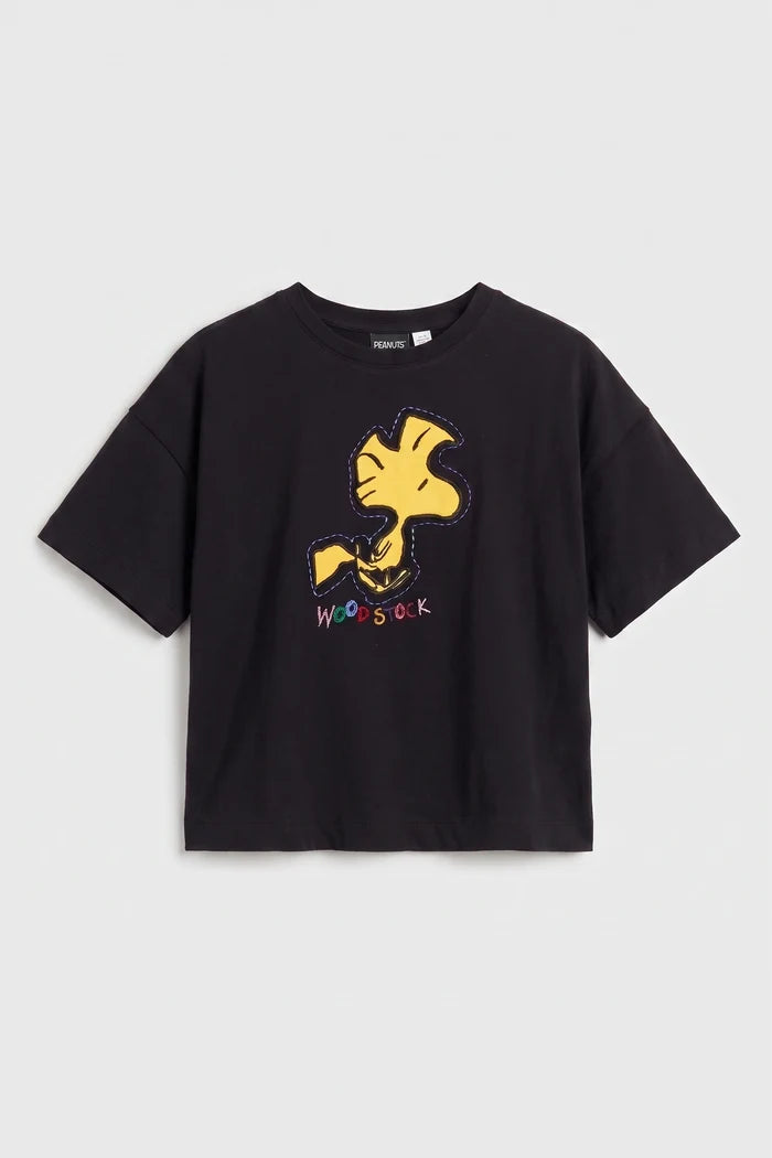 Black Cotton Woodstock Embroidered T-Shirt