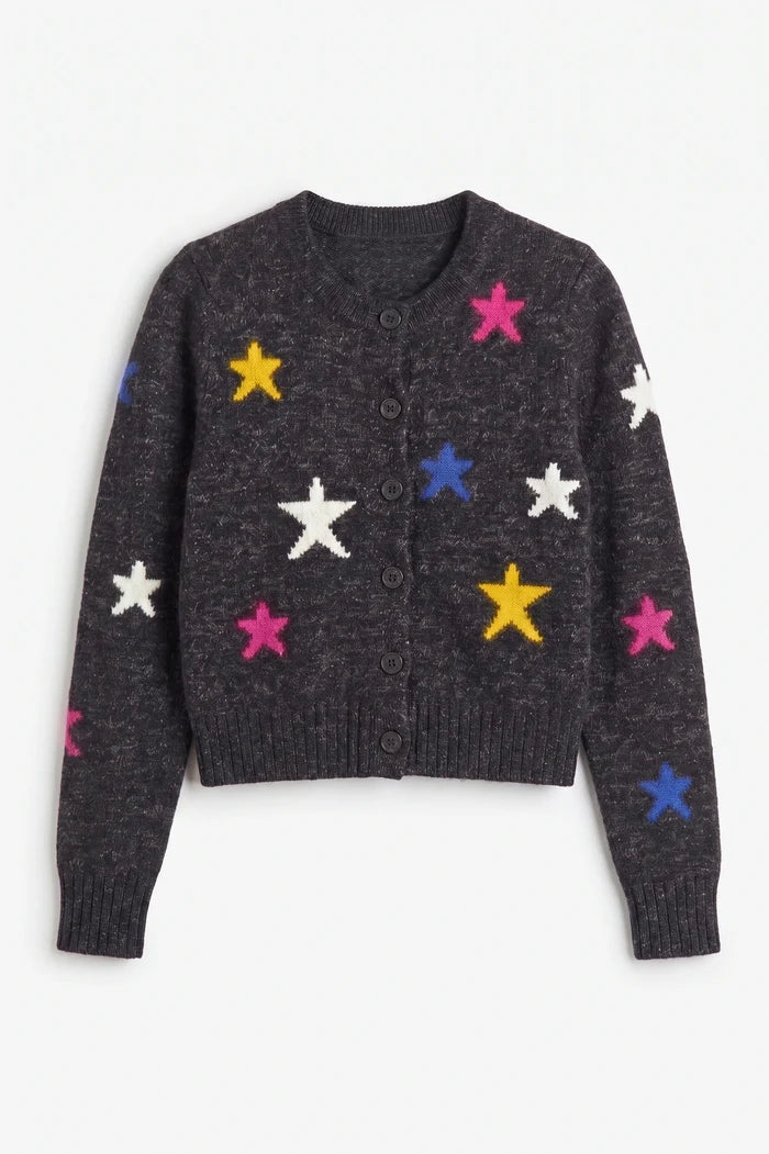 Black Wool-Cashmere Star Round-neck Cardigan