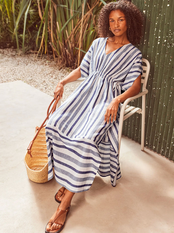 Blue Stripe Linen Blend Tie Waist Dress