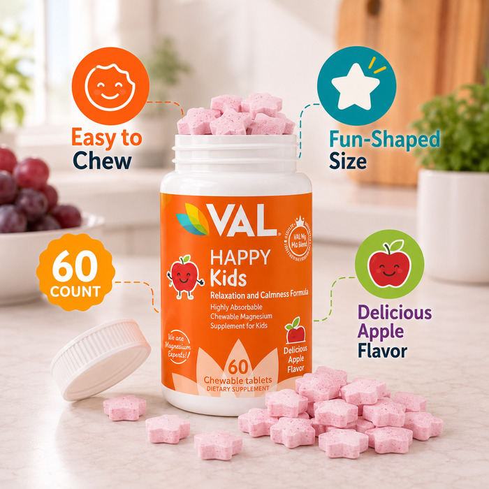 Calm, Focus & Relaxation Sugar-Free Chewable Magnesium for Kids | 60 Tablets | VAL Happy Kids | Apple