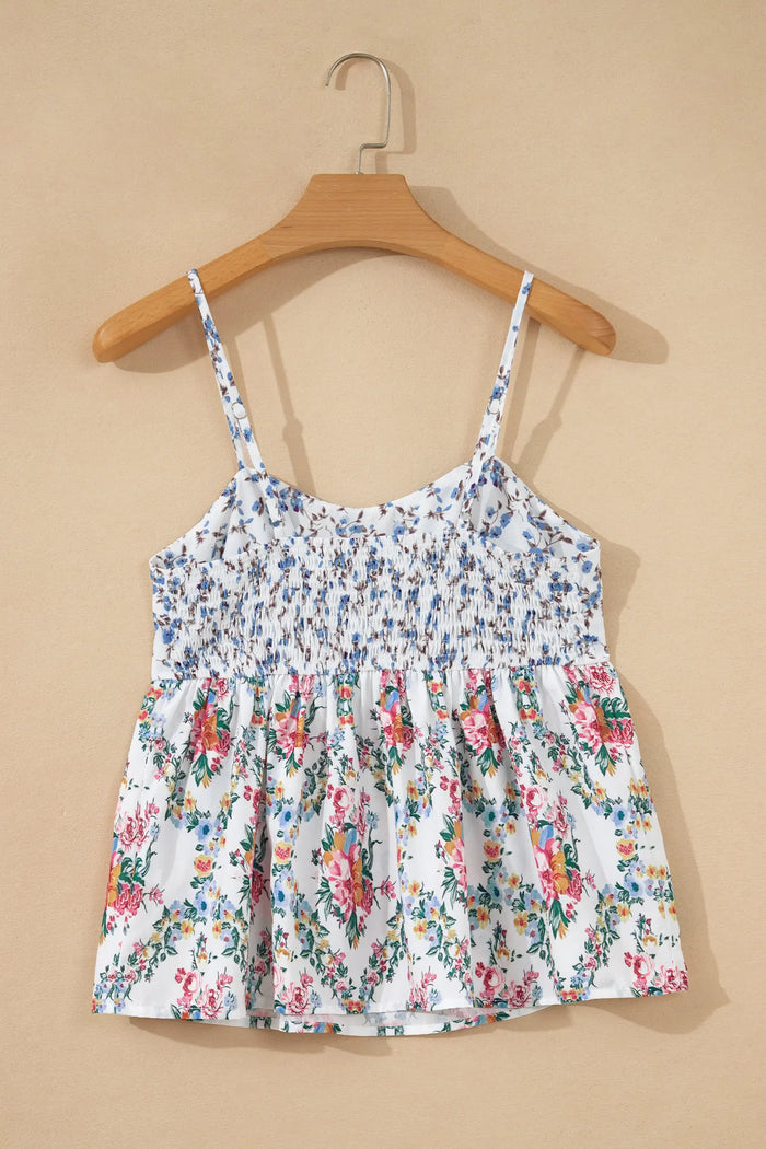 Contrast Floral Printed Patchwork Spaghetti Straps Babydoll Top – White