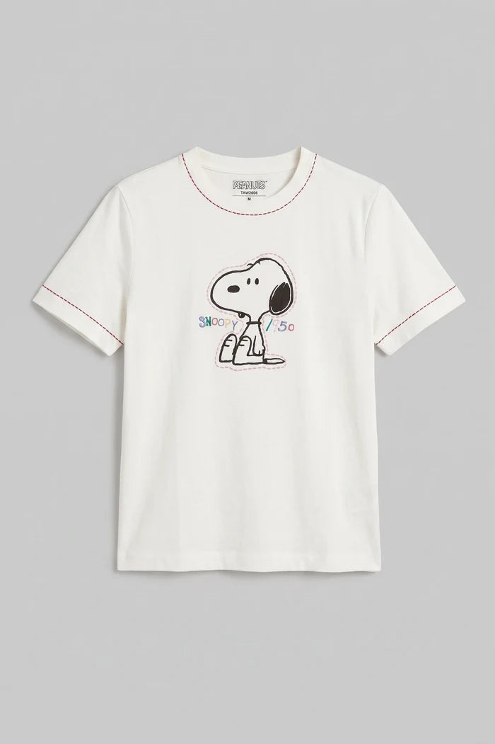 Cream Cotton Snoopy Embroidered T-Shirt