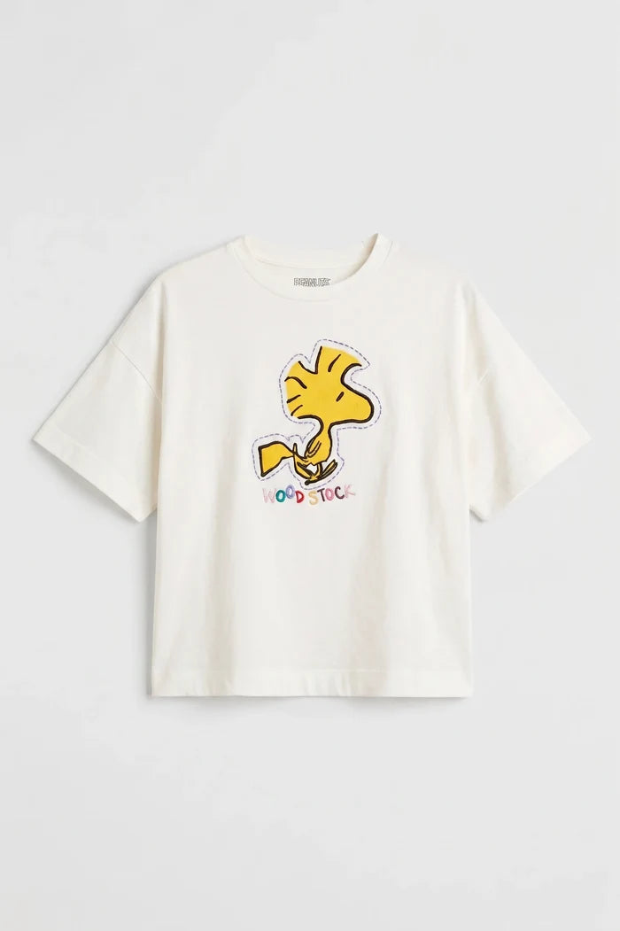 Cream Cotton Woodstock Embroidered T-Shirt