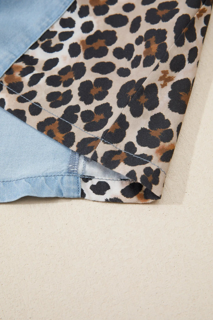 Denim Leopard Patchwork Shirt Collar Mini Dress – Blue