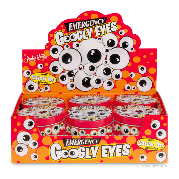 The bright red and orange packaging highlights a selection of Emergency Googly Eyes in different sizes. These handy plastic eyes have a sticky back, ideal for quick repairs and imaginative fun.