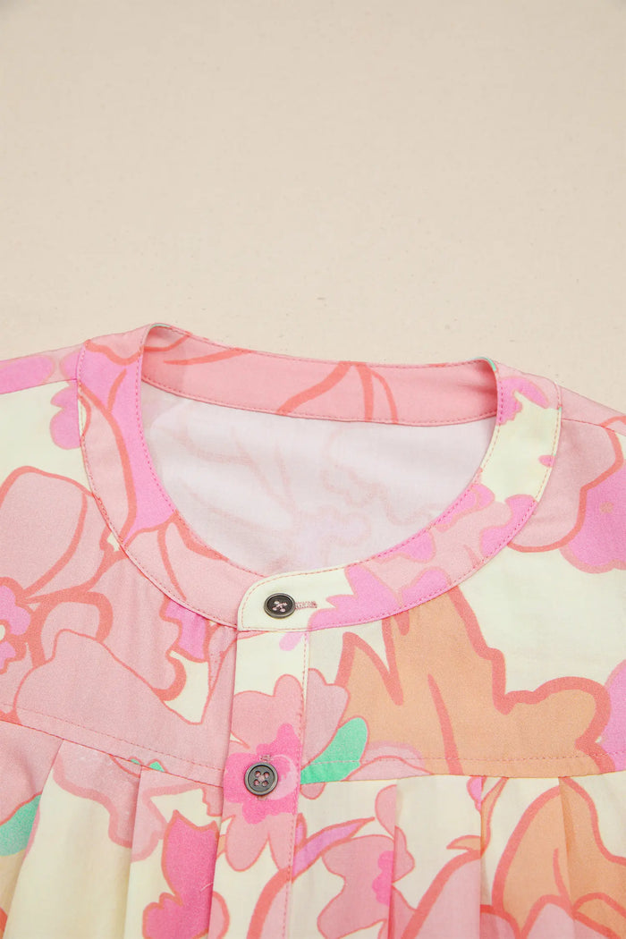 Floral Print Button Down Pintuck Short Sleeve Shirt – Pink