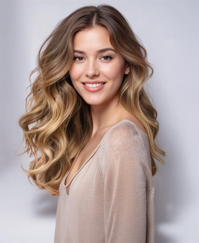 halo one-step hair extensions caramel balayage.