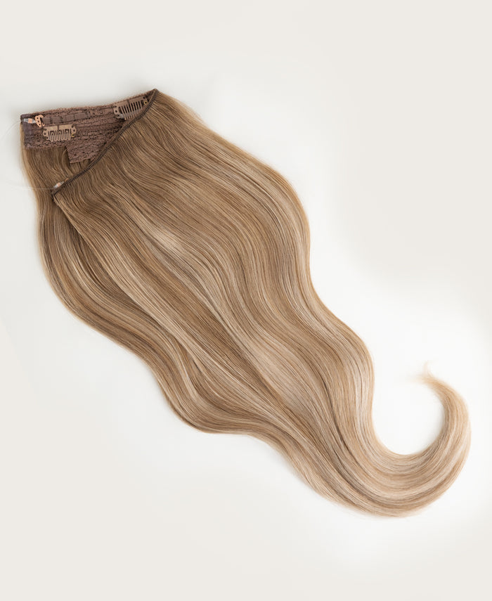halo one-step hair extensions rooted blonde highlights.