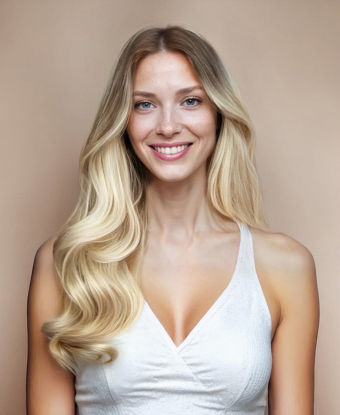 halo one-step hair extensions rooted blonde.