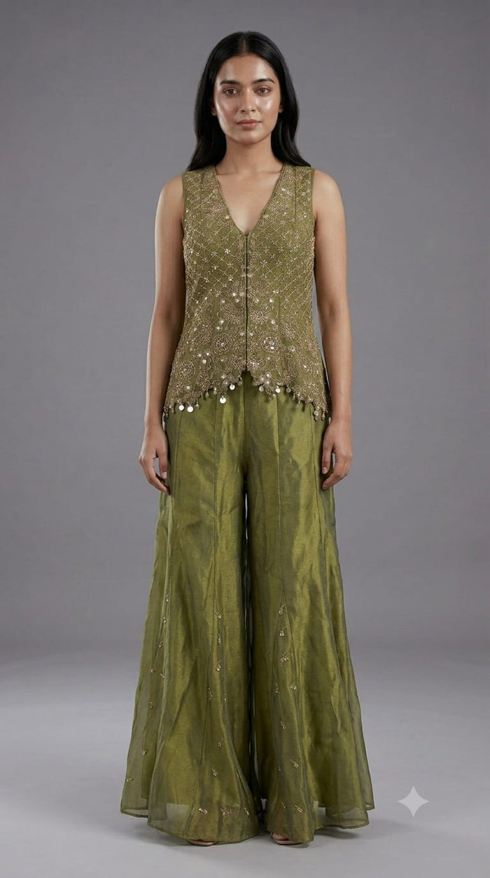 Heavily Embroidered Sleeveless Short Kurti & Sharara Set