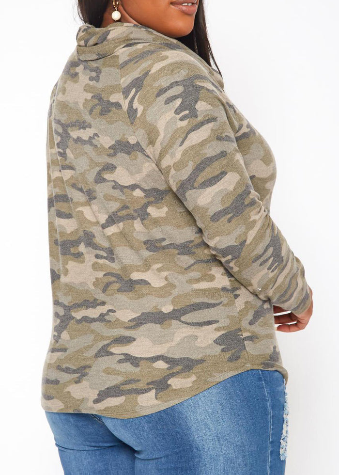 Hi Curvy Plus Size Camo Pattern Funnel Neck Sweater