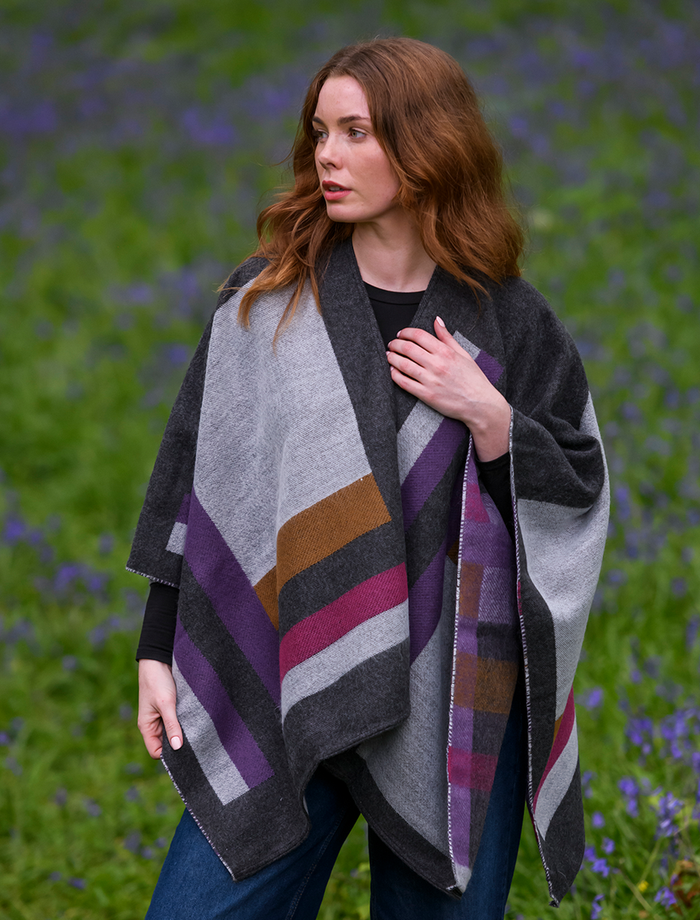 Irish Color Blocking Shawl #color_grey-lilac-mustard