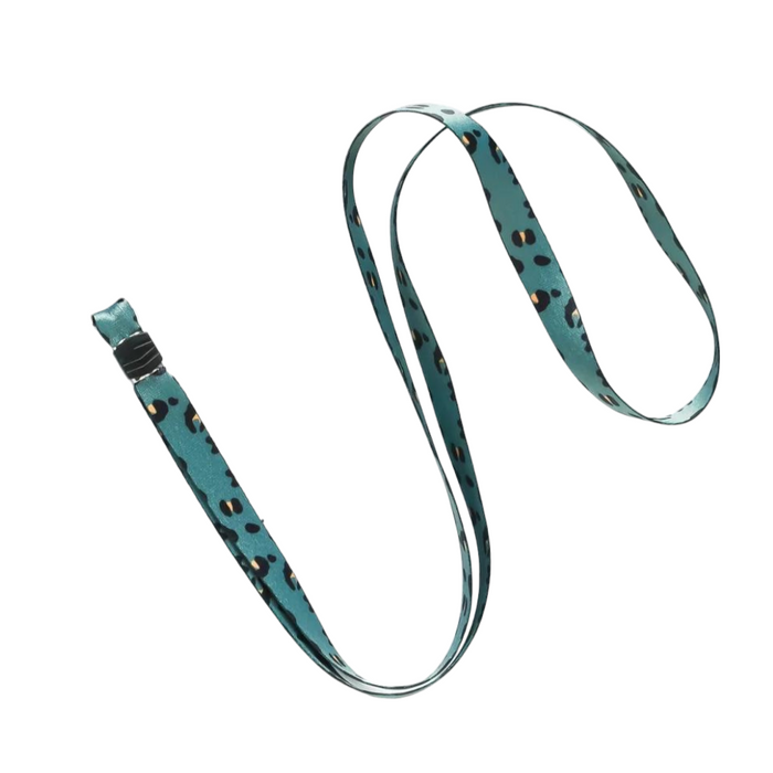 Khaki lanyard with leopard print and a plastic clip; designed for use with phones.