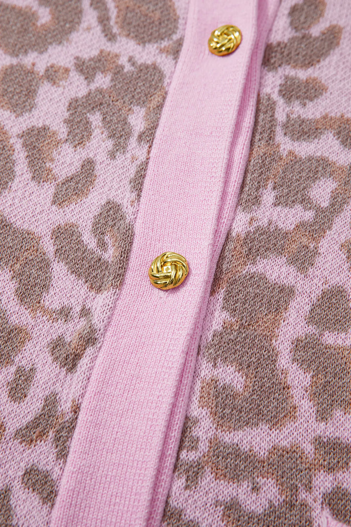 Leopard Button Down Short Sleeve Sweater Cardigan – Pink