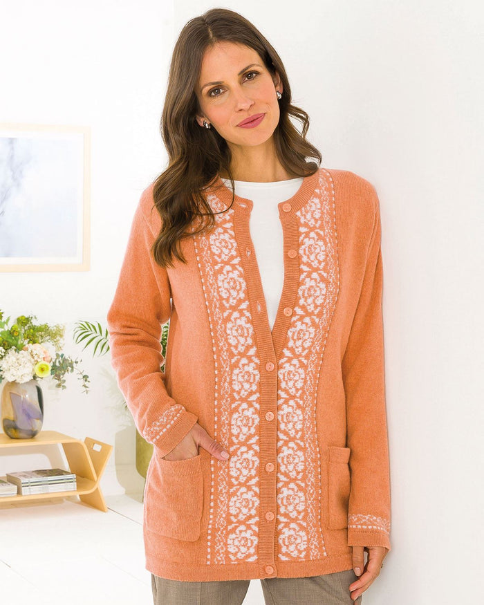 Louisa Crew Neck Lambswool Fairisle Cardigan - Peach - The Classic Boutique