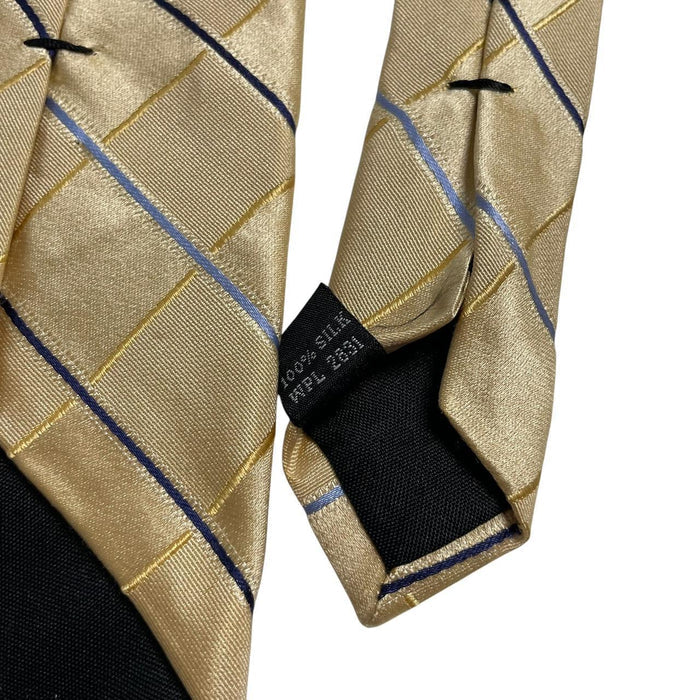 Michael Kors gold silk tie with striped pattern and logo detail.
