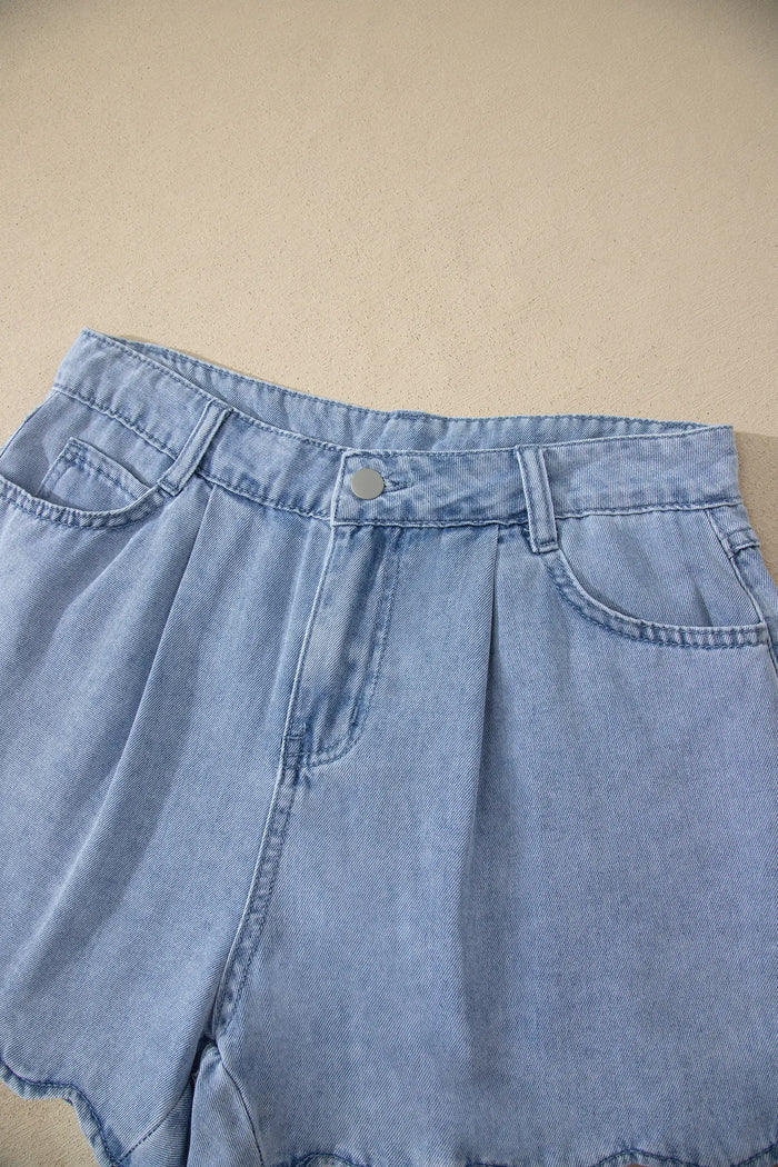 Myosotis Scalloped Hem Casual Denim Shorts