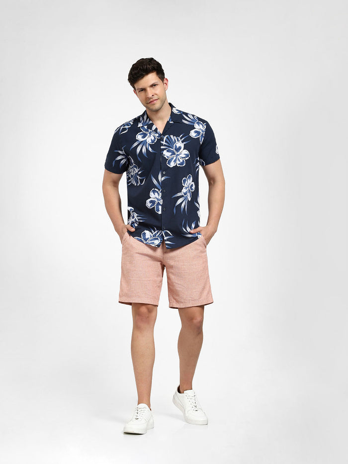NAVY BLUE FLORAL Cuban Collar Shirt