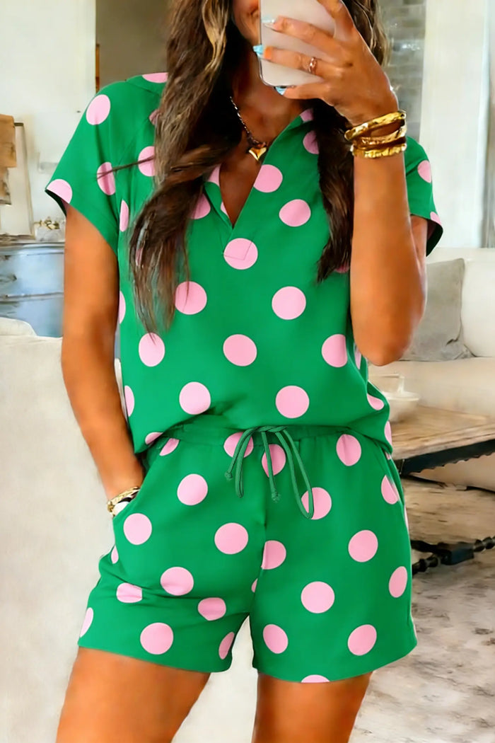 Polka Dot Print V Neck Tee Short Set – Pink