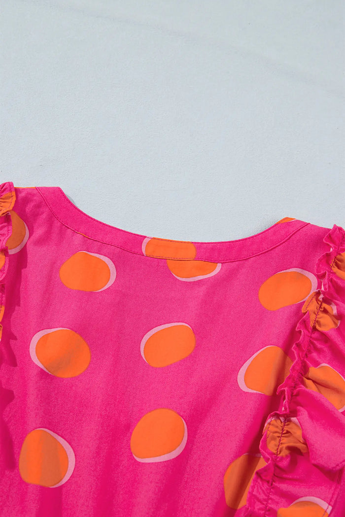 Polka Dot V Neck Ruffled Short Sleeve Mini Dress
