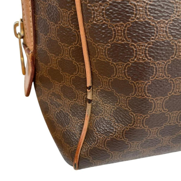 CELINE duffel bag brown and tan Macadam pattern with logo and visible wear.