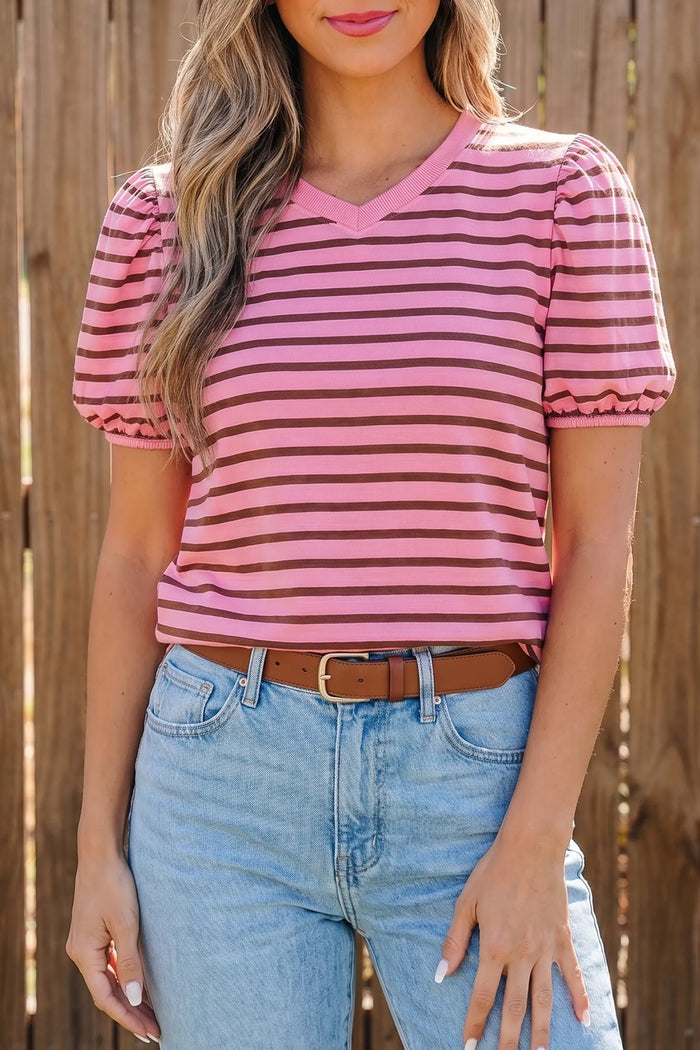 Rose Stripe V-Neck Puff Sleeve Top – Ribbed Collar & Cuff Detail