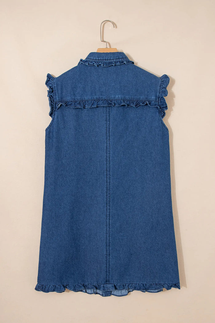 Ruffled Edge Collared Shift Denim Dress with Pockets