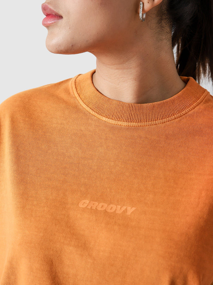 Rust Orange Washed Blank Tee Male Model Side View – GROOVY Pakistan