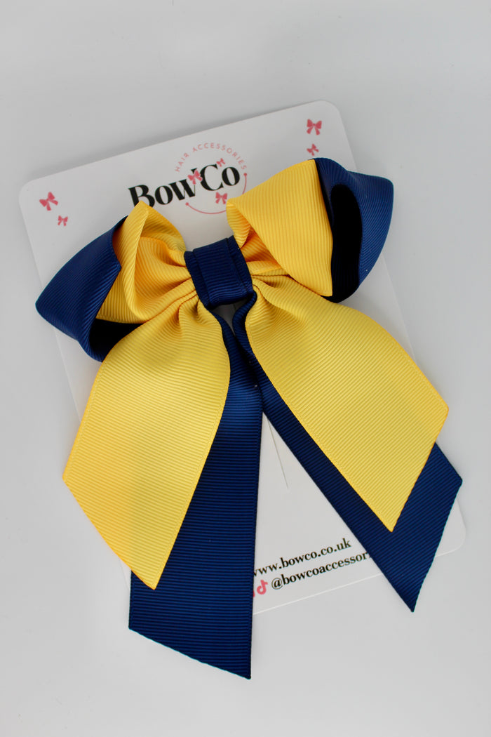 School Bow - Navy Blue and Yellow Gold - Loop Tail Hair Bow - Clip