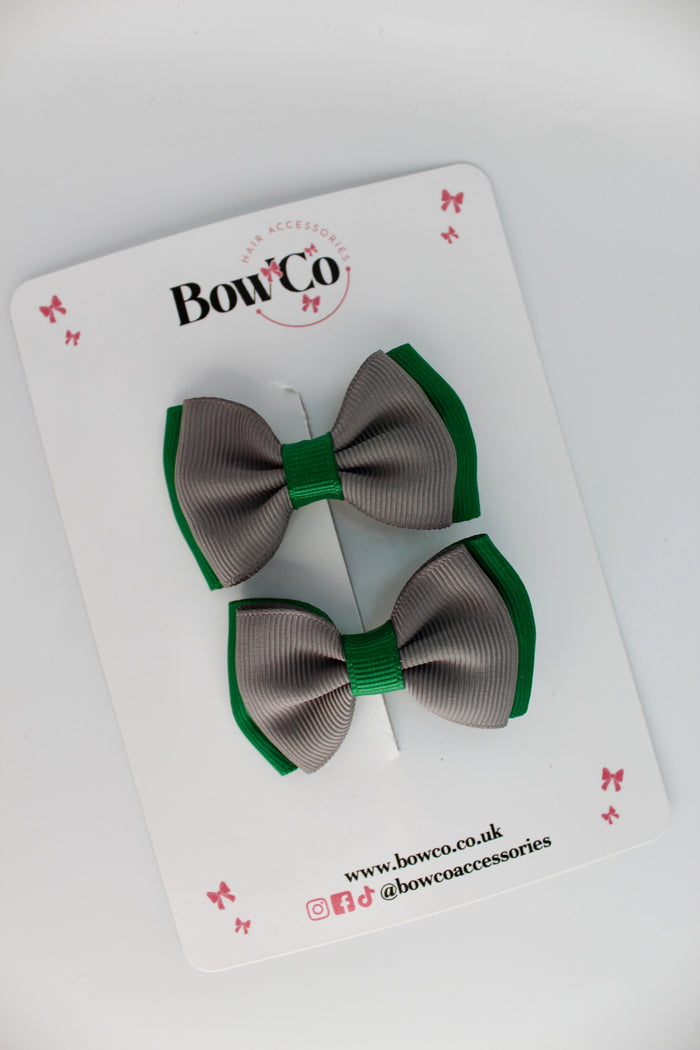 School Bows Green and Grey - Double Bow Set - Clip