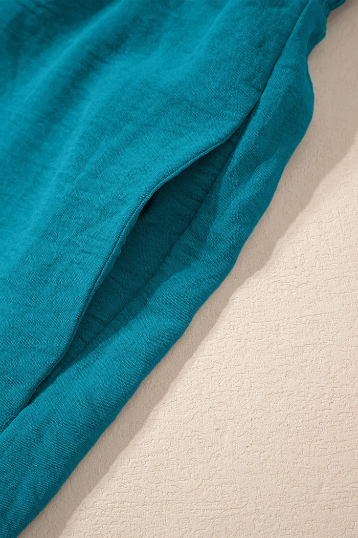 Smocked Square Neck Sleeveless Wide Leg Jumpsuit with Pockets – Teal
