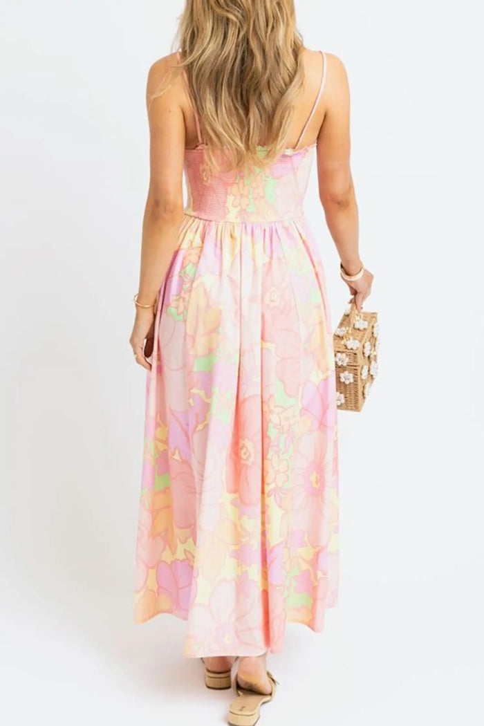 Spaghetti Straps Floral Shirred High Waist Dress – Pink