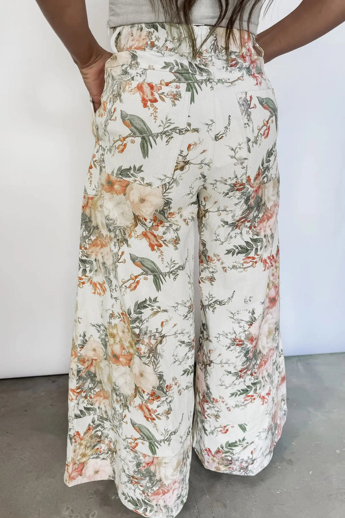 Vintage Style Floral Print High Waist Wide Leg Jeans – Beige