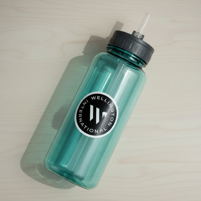wellington international sticker on a blue water bottle