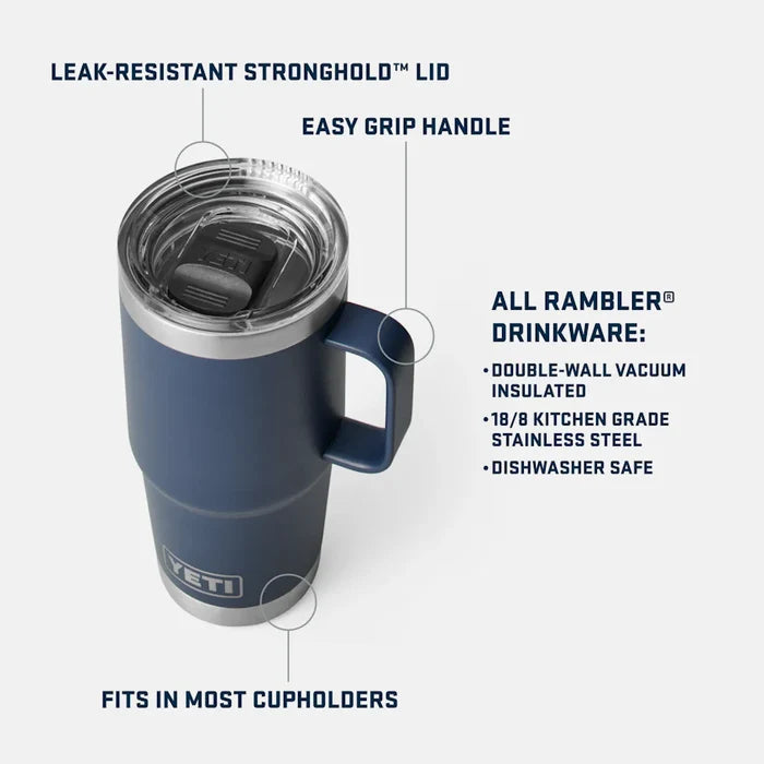 Yeti Rambler travel mug with leak-resistant lid, easy-grip handle, navy blue, fits cupholders