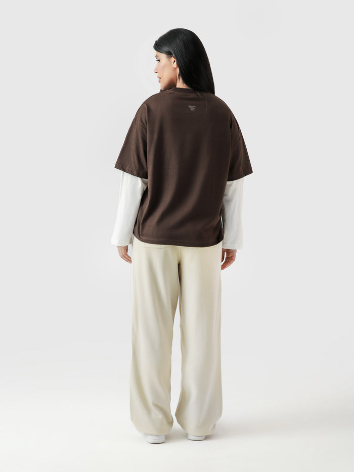96 Double Layer Jersey female model back view mocha brown varsity print Pakistan – GROOVY