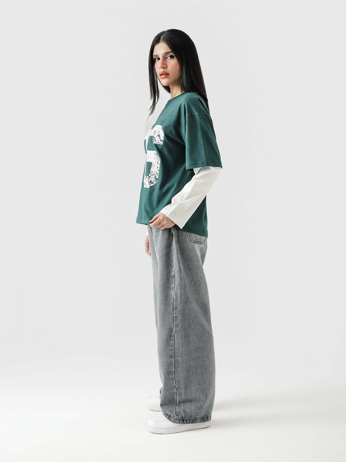 96 Double Layer Jersey racing green female model front view layered Pakistan – GROOVY