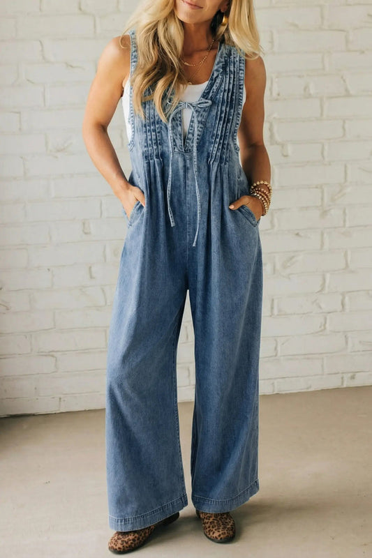 Acid Wash Pintuck Tie V Neck Denim Wide Leg Jumpsuit