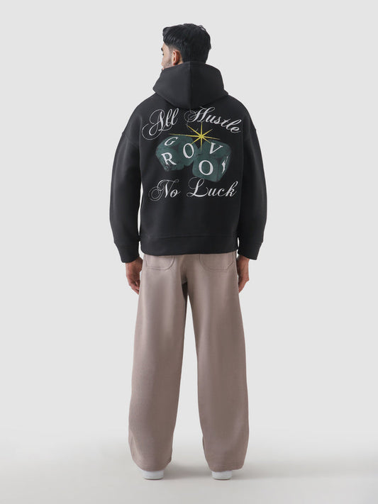 All Hustle No Luck hoodie detail closeup graphic print front Pakistan – GROOVY