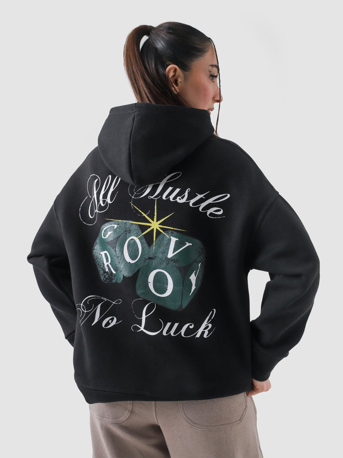 All Hustle No Luck hoodie female model front view oversized streetwear Pakistan – GROOVY