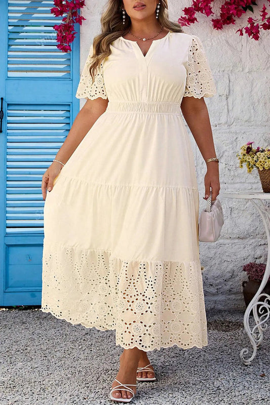 Apricot Plus Size V Neck Lacy Embroidery Patchwork Maxi Dress