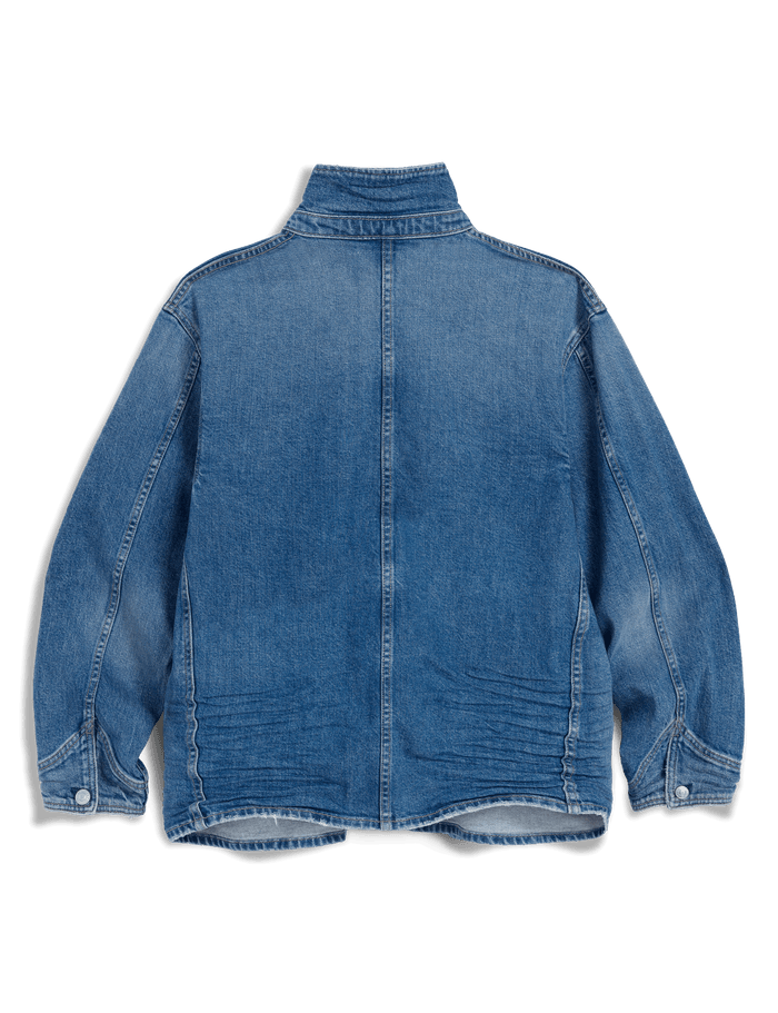 A blue denim jacket with a high collar, shown from the back against a solid black background.