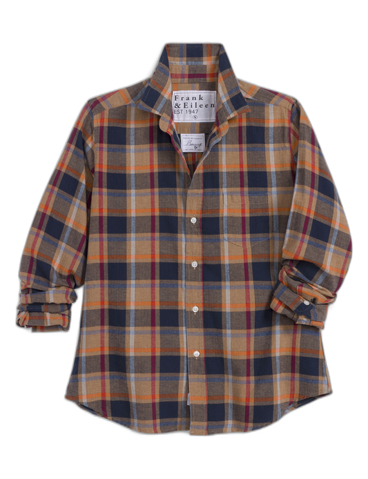 A long-sleeve plaid button-up shirt by Frank & Eileen, featuring a warm orange, navy blue, and beige tartan pattern with white buttons, displayed on a clean white background.
