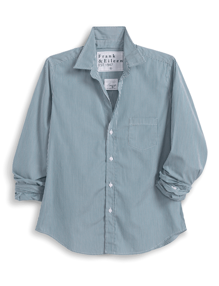 A green and white vertically striped long-sleeve button-down shirt by Frank & Eileen, featuring a chest pocket and rolled-up sleeves, shown on a white background with a soft drop shadow.