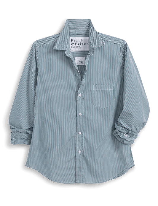 A green and white vertically striped long-sleeve button-down shirt by Frank & Eileen, featuring a chest pocket and rolled-up sleeves, shown on a white background with a soft drop shadow.