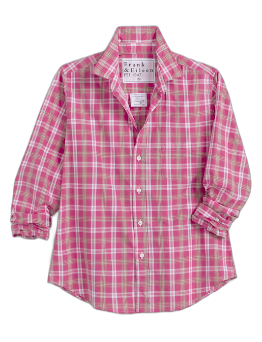 A pink and white plaid button-down shirt by Frank & Eileen, featuring a classic collar, long sleeves with rolled cuffs, and a curved hem, displayed flat against a white background.