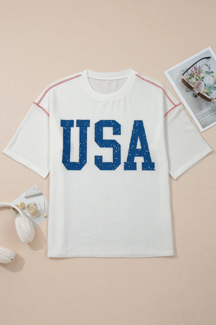 Beau Blue USA Graphic Half Sleeve Loose Ribbed Top