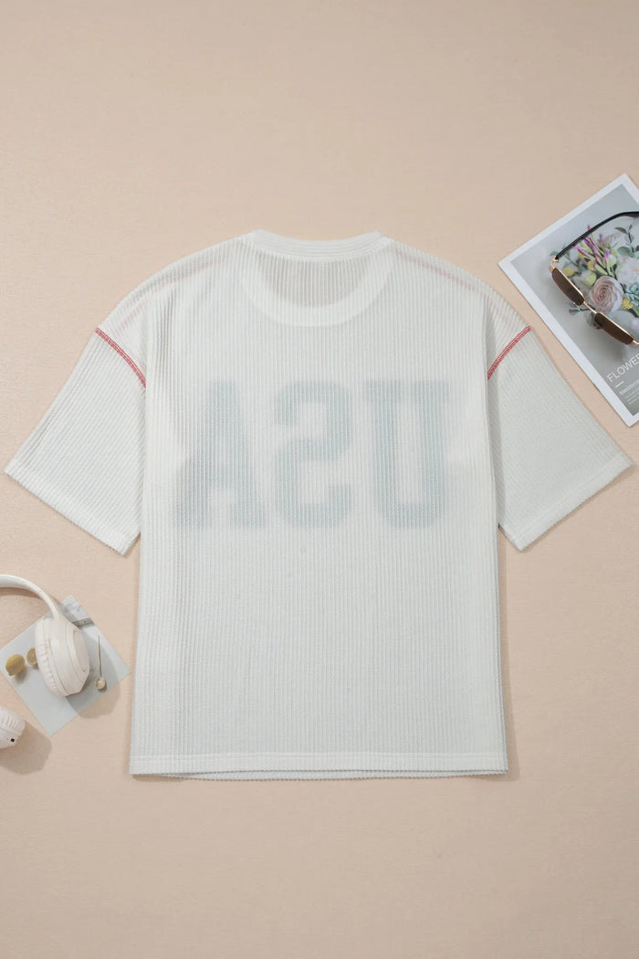 Beau Blue USA Graphic Half Sleeve Loose Ribbed Top
